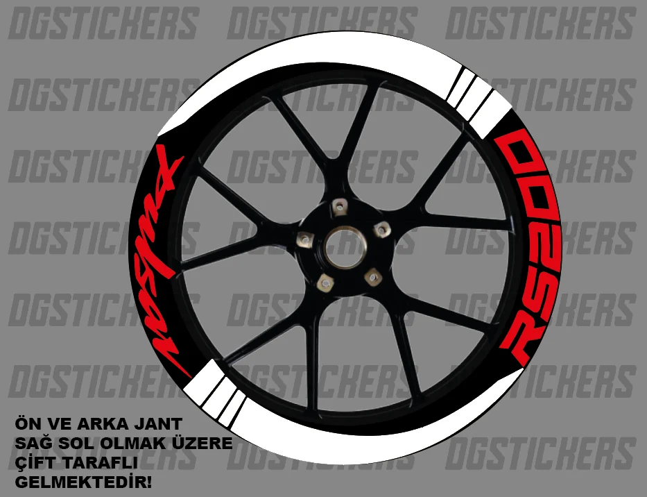 Bajaj Pulsar RS200 Standart Beyaz-Kırmızı jant sticker seti detay görseli 2