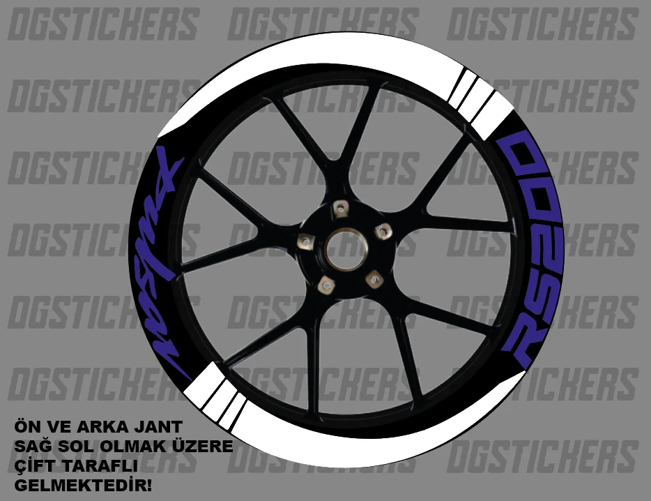 Bajaj Pulsar RS200 Standart Beyaz-Mavi jant sticker seti detay görseli 3