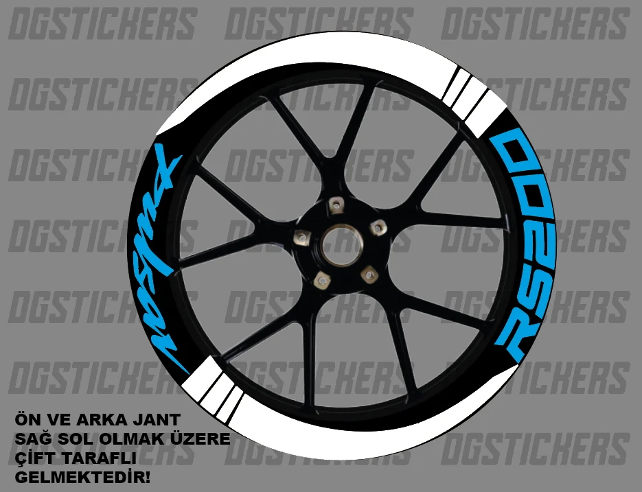 Bajaj Pulsar RS200 Standart Beyaz-Turkuaz jant sticker seti detay görseli 6